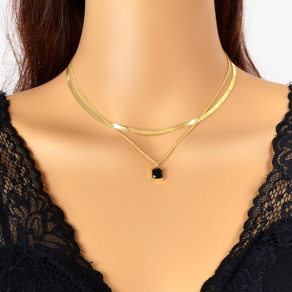 Double layer Gold Multiple Link Snake Chain Black Square Pendant Trendy Necklace