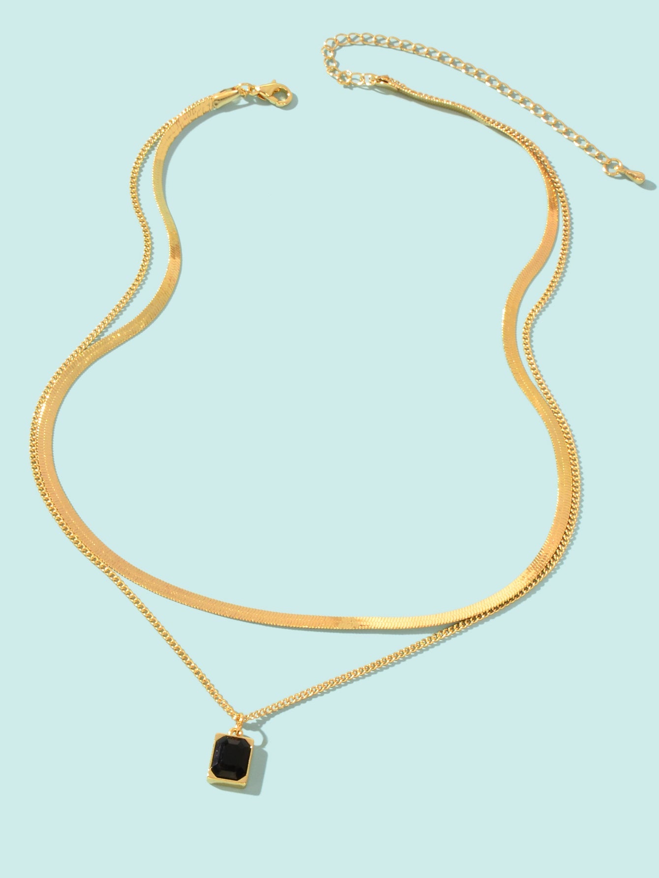 Double layer Gold Multiple Link Snake Chain Black Square Pendant Trendy Necklace