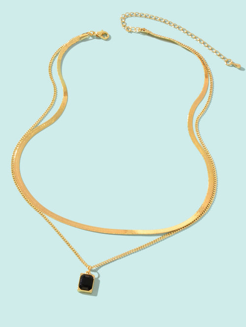 Double layer Gold Multiple Link Snake Chain Black Square Pendant Trendy Necklace