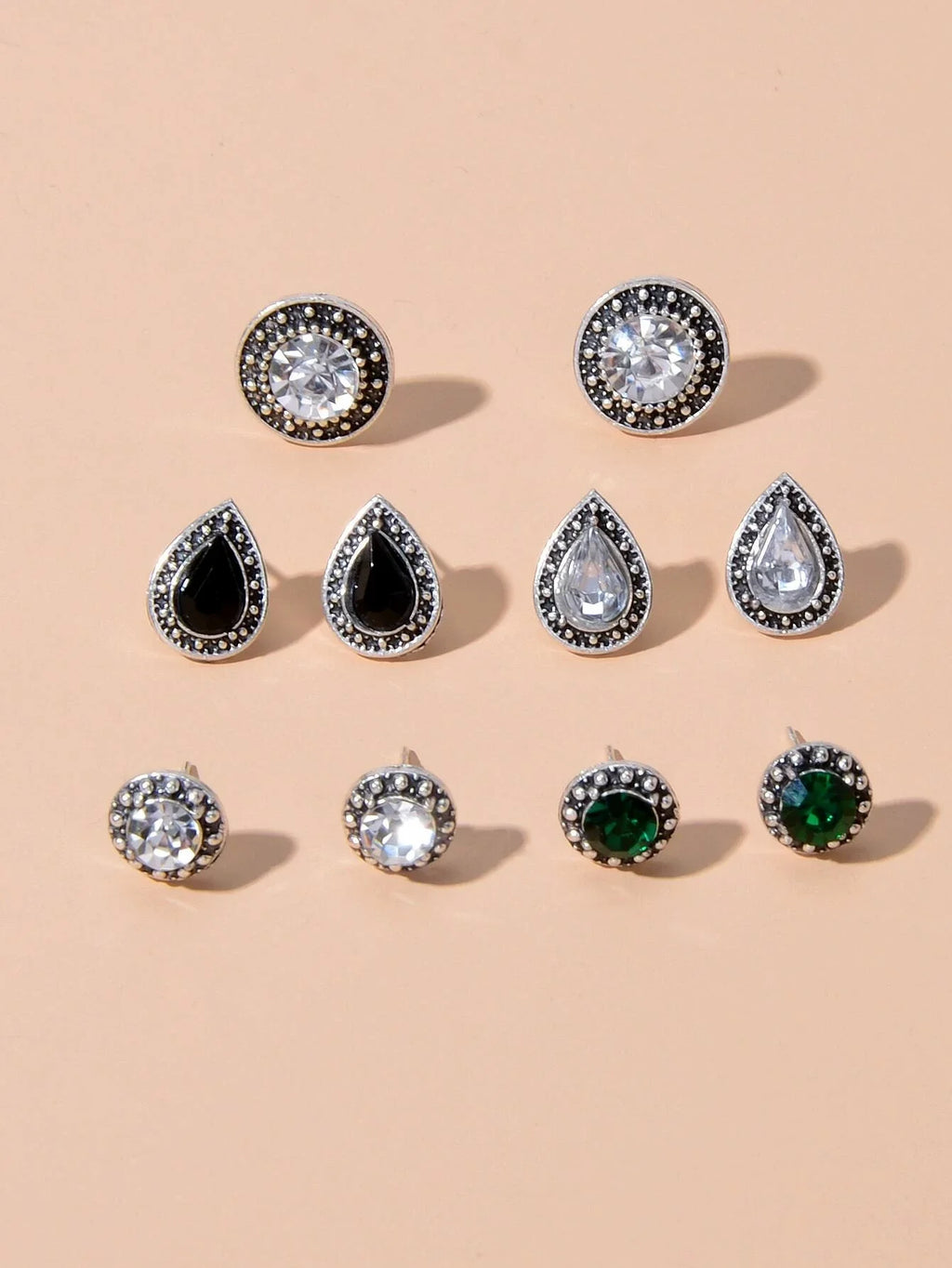 5 pairs Vintage Jewellery Shining Rhinestone Round Water Drop Stud Earrings Set