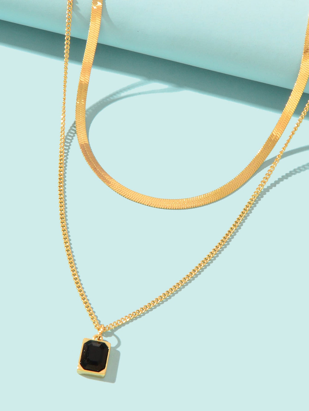 Double layer Gold Multiple Link Snake Chain Black Square Pendant Trendy Necklace