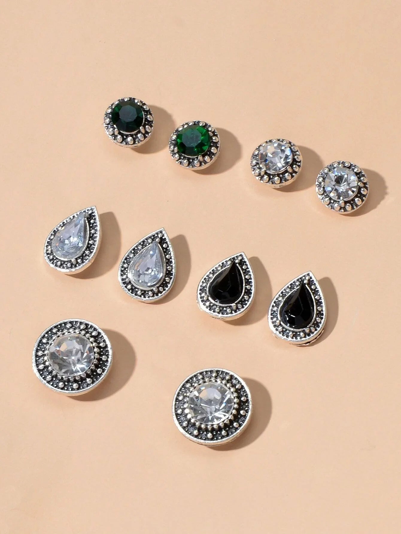 5 pairs Vintage Jewellery Shining Rhinestone Round Water Drop Stud Earrings Set